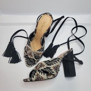 Schutz Multicolor Trama Woven Tassel Ankle Strap Lace Block Heel Sandals Size 8B
